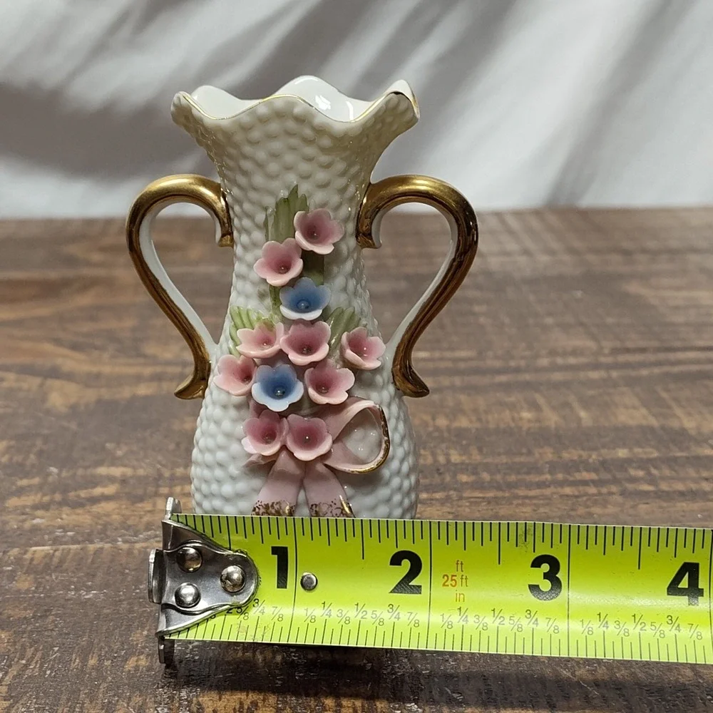 Vintage Miniature Hobnail Vase White Porcelain w/ Handles Pastel Pink blue gold